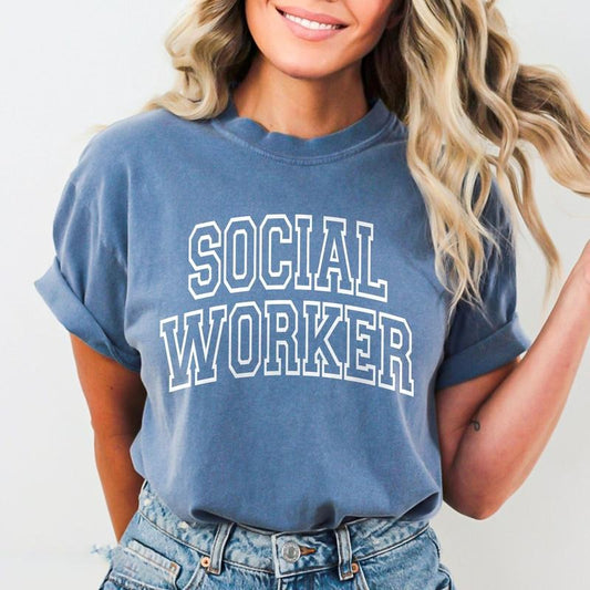 Comfort Colors Social Worker Shirt, School Social Worker tee, Gift for Social Worker Appreciation, LSW LCSW Vintage Varsity Collar Cotton Fabric Top