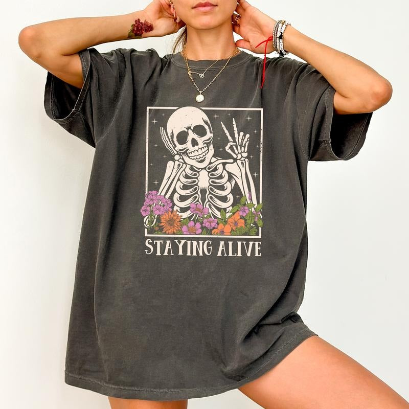 Comfort Colors Staying Alive Shirt, Vintage Graphic Printed Tee, Funny Positive T-shirt For Women, Womenswear, Cotton...