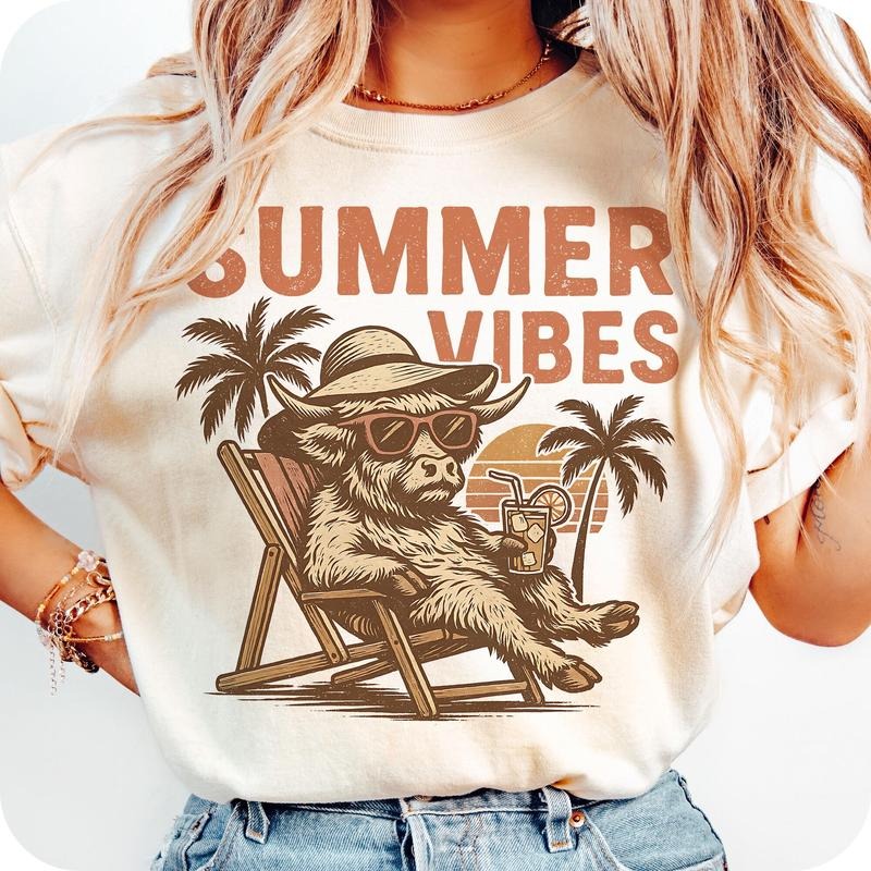 Comfort Colors Summer Vibes T-Shirt, Funny Highland Cow Shirt, Retro Summer Shirt, Beach T-Shirt, Cowgirl Summer Shirt, Girls Trip T-Shirt