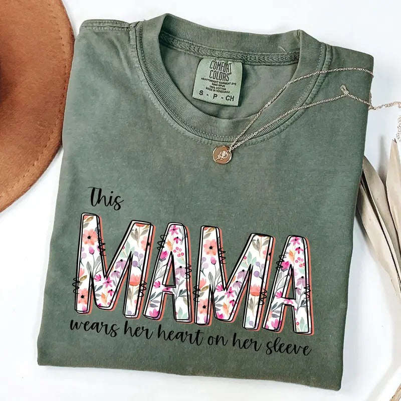 Comfort Colors This Mama Wears Her Heart on Her Sleeve Shirt, Retro Mama Floral T-Shirt, Mother's Day Gift, Gift for New Mom