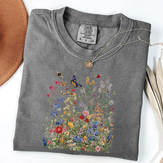 Comfort Colors Vintage Floral Shirt, Wildflower Graphic Tee, Garden Lover Shirt, Spring Bloom T-Shirt