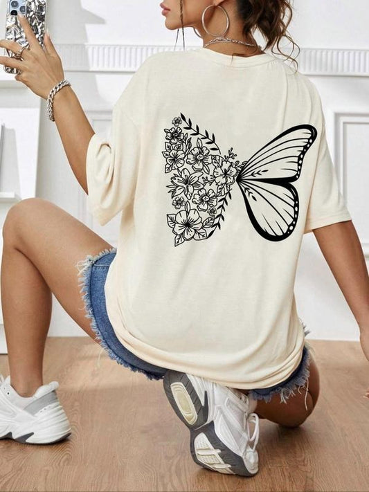 Comfort Colors Women's Butterfly Print Round Neck Drop Shoulder Tee for Summer, Casual Crew Neck, Fashion Casual T-Shirt for Daily Wear - Crewneck, Womenswear