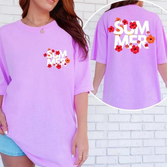 Comfort Colors Women's Floral Summer Casual Cotton Graphic Tee, Short Sleeve Top with Pink Floral Design - Womenswear Comfortable Fit