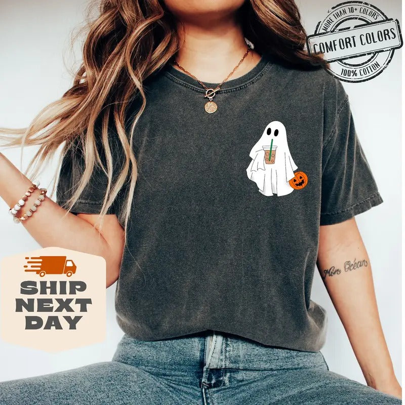 Comfort Colors Сute Ghost Coffee Shirt, Сute Little Ghost Iced Coffee t-shirt, Boo Ghost Shirt, Ghost Coffee Shirt,...