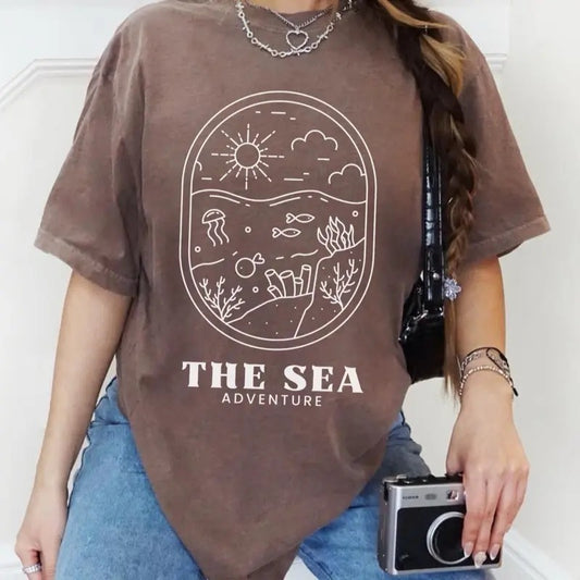 Comfort Colos Women's The Sea Minimalist Short Sleeve Casual Cotton Top with Sun Design and Adventure Theme - Womenswear