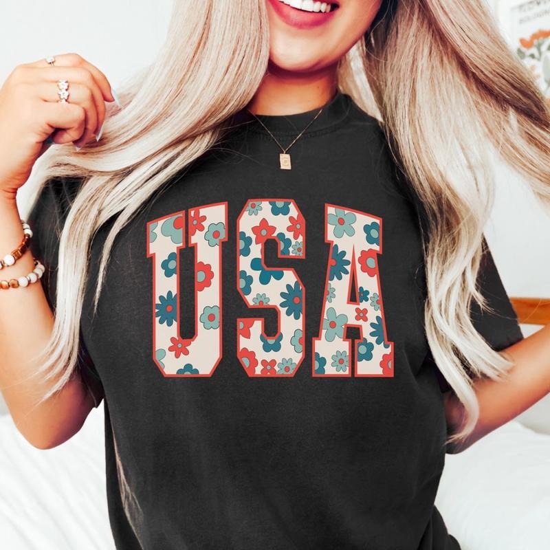 Comfort colors USA flower short sleeve casual cotton graphic tshirt