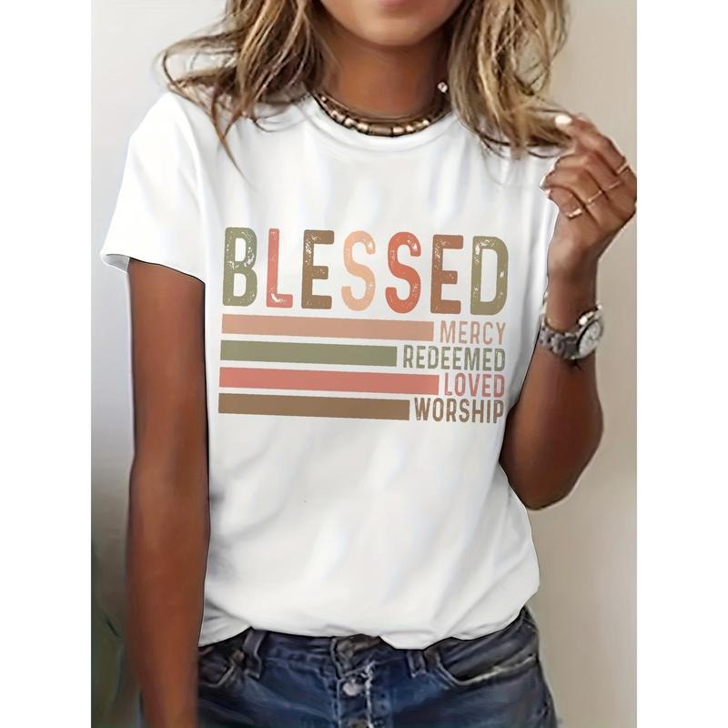 Comfortable Blessed Positive Words Print Crew Neck Short Sleeve Polyester T-shirt, Casual Summer Women'WB shield Clothing...