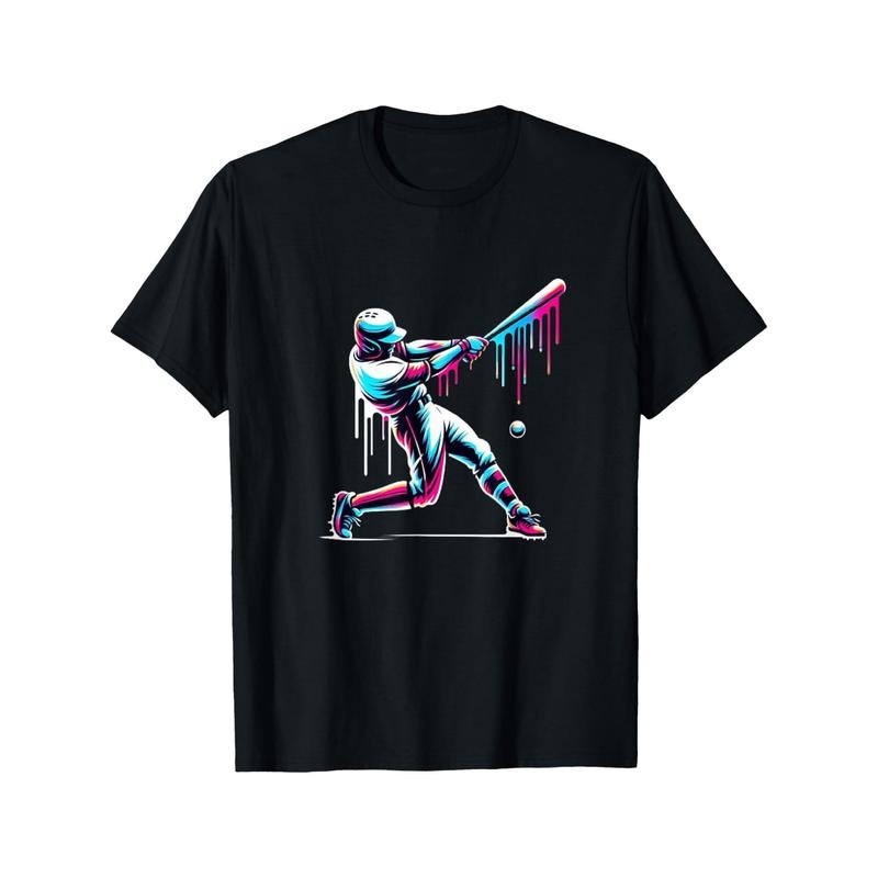 Comfortable Four-Season Men's Baseball Player's Oil Paint Drops Print T-Shirt, Casual Round Neck Short Sleeve Cotton Tee...