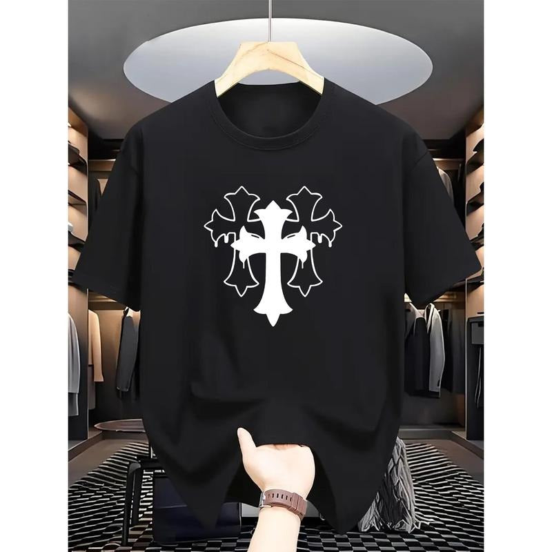 Comfy Men's Casual Short Sleeve Round Neck T-shirt, Stylish Crosses Pattern Print Outdoor Top For Summer Made in USA...