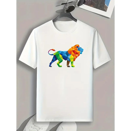Comfy Men's Graphic Tee - Art Style Lion Pattern Print Sports T-shirt for Fitness Activities & Summer Outdoor Clothes, Great Gift for Men Made in USA