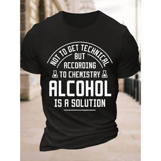 [Comfy Summer Print Tee] Men's Comfy ALCOHOL IS A SOLUTION Print T-shirt - Casual Fit Tees For Summer Daily Activities Made in USA