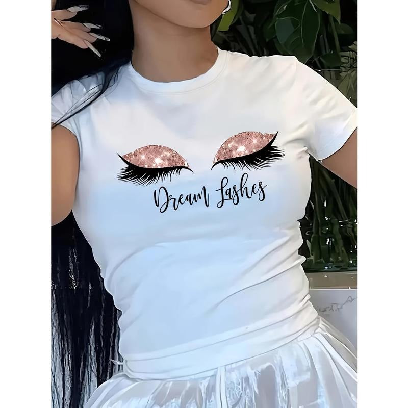 Comfy Women'WB shield Crew Neck Short Sleeve Eyelash Print T-shirt for Summer & Spring, Casual Top Hoodie, Sweatshirt