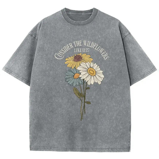 Consider The Wildflowers Unisex Washed T-Shirt, Christian Jesus  t shirts, Vintage 90s Graphic Tee Gift Cotton Top Womenswear, Mineral color