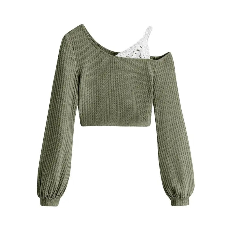 Contrast Lace Cold Shoulder Crop Tops Long Sleeve Asymmetrical Knit T-Shirt Top Hoodie, Sweatshirt | DripVista.com