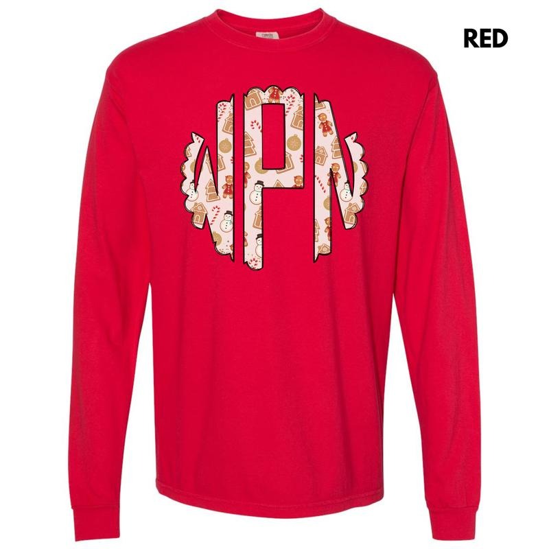 Cookie Christmas Monogram Long Sleeve Comfort Colors T-Shirt 'NLB' Hoodie, Sweatshirt | DripVista.com