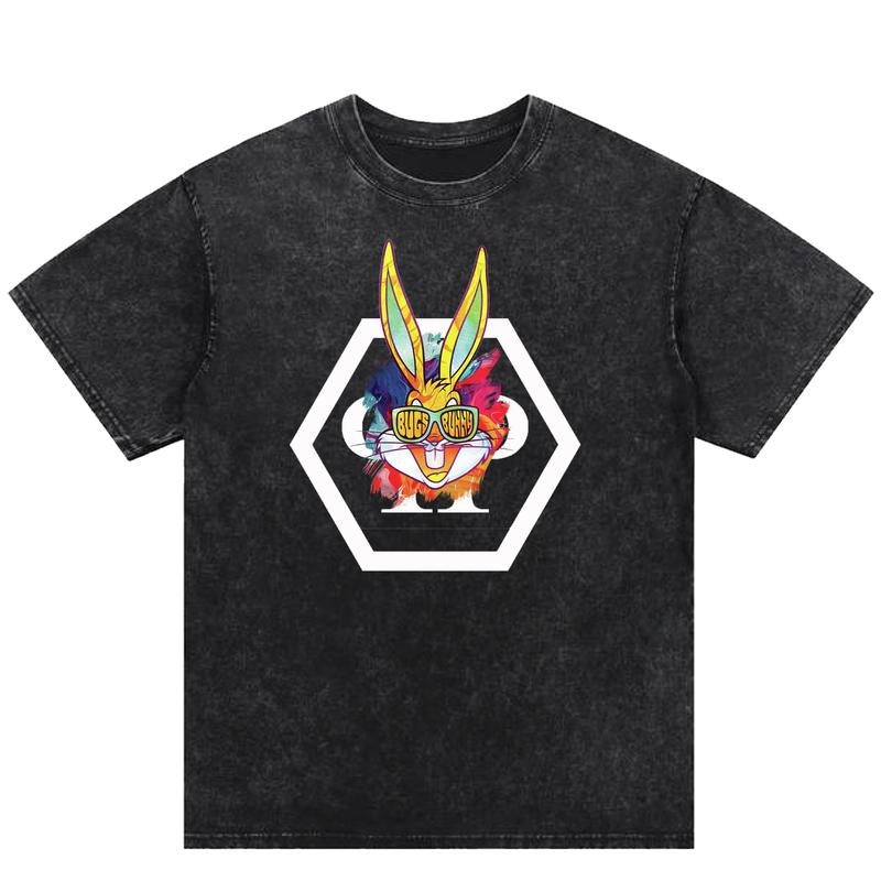 Cool Bunny Print Washed T-Shirt: Rock the American Street Fashion