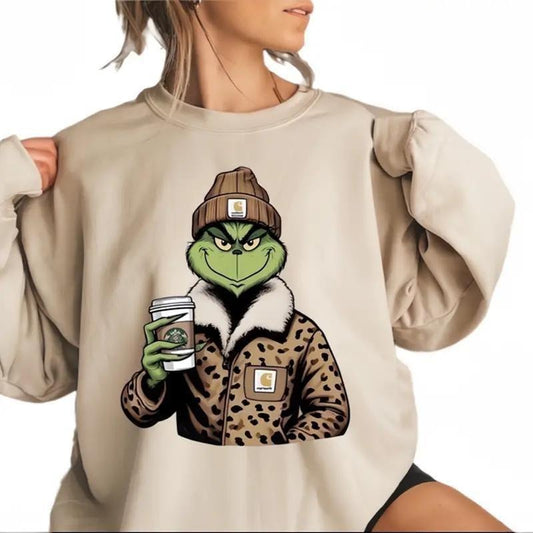 Cool Grinch Christmas Sweatshirt, Grinchmas Leopard Outfit With Latte Shirt, Trendy Grinchmas Sweaters Cotton Casual