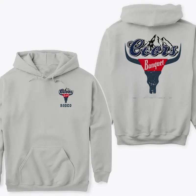Coors Banquet Rodeo Hoodie Sweatshirt TShirt- Bold Western Rodeo Design Featuring Coors Banquet Logo and Bull Skull, Perfect for Rodeo Fans and Beer Lovers. Suitable for Men and Women.