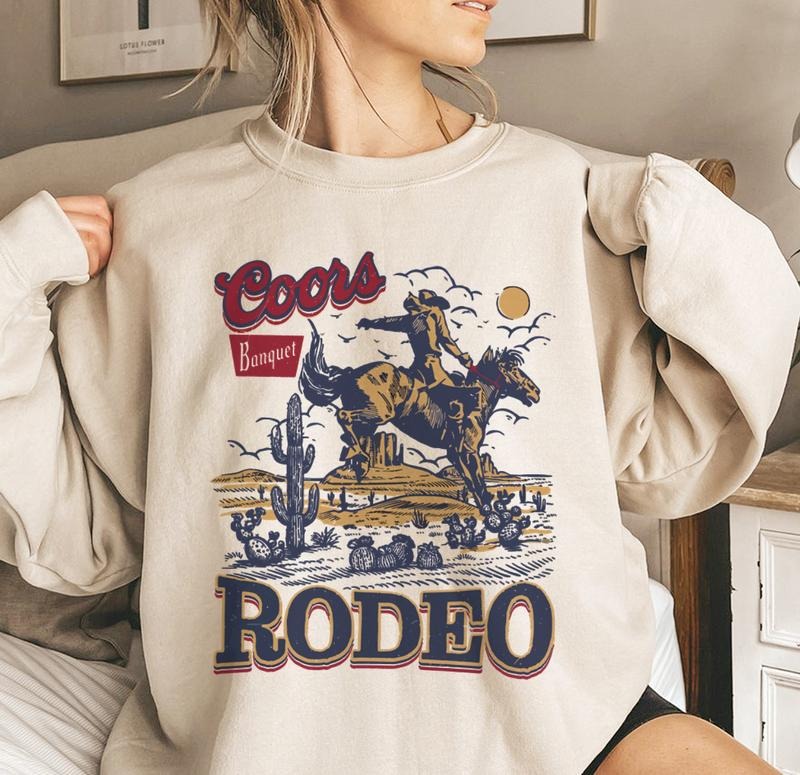 Coors Rodeo 90s Cowboy T-Shirt Vintage 2000s Graphic Western Shirt Casual Crewneck Relaxed Unisex Long Sleeve Summer Gift Top Womenswear Hoodie Cotton Fabric