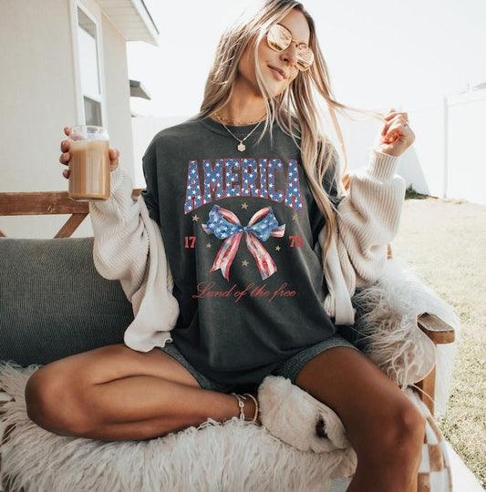 Coquette 4th of July Shirt, USA shirt, Summer Shirt, Red White and Blue, America, Womens Fourth of July, Patriotic, 1776 Bow