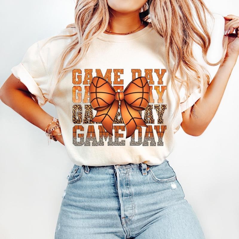 Coquette Basketball T-Shirt, Game Day Basketball T-Shirt, Basketball Mama Bow T-Shirt, Leopard Print, Basketball Mom T-Shirt, Retro Basketball
