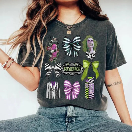 Coquette Beetlejuice Halloween Shirt, Never Trust The Living Tee, Beetlejuice Bow Shirt, Trending Beetlejuice Horror MovieT-shirt