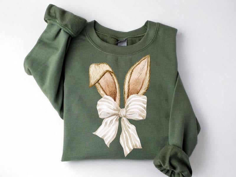 Coquette Bow Bunny Ears Sweatshirt, Cute Bunny Sweatshirt, Rabbit Tee, Happy Easter Day Gift, Coquette Easter, Cute...