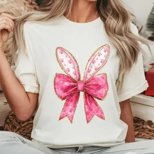 Coquette Bow Bunny Shirt,Easter Ear T-shirt, Happy Easter, Rabbit Tee, Cute Easter Tee, Not Real Glitter