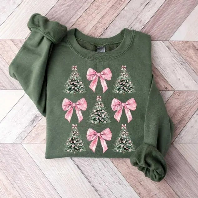 Coquette Bow Christmas Sweatshirt, Christmas Tree Sweatshirt, Christmas Sweatshirt, Girly Christmas Sweater, Coquette Bow Sweater
