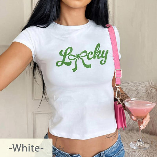 Coquette Bow Lucky Baby Tee, St Patrick's Day Baby Tee, Trendy Aesthetic Shirt, St Paddys Day Baby Tee, Lucky Charm Shirt, Y2K Baby Tee