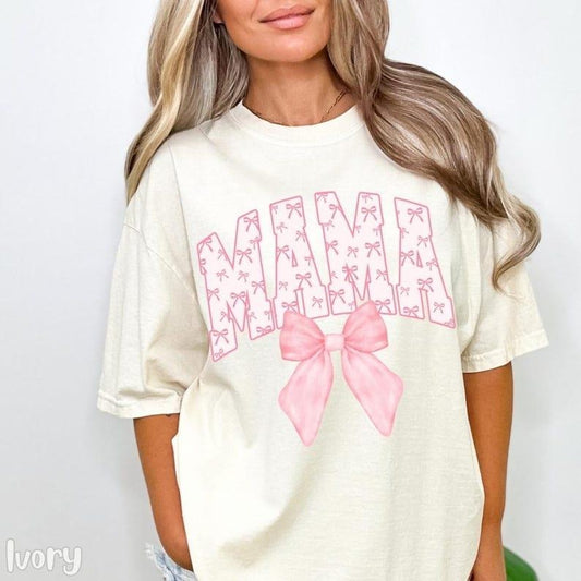 Coquette Bow Mama Comfort Colors Shirt, Pink Bow T-shirt for Mom, Mothers Day Gift, Girly Mama Outfit, Baby Shower Gift for Expecting Mom, Mama Tshirt Bows