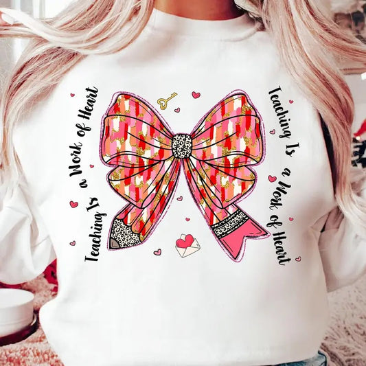 Coquette Bow Pencil Teacher Shirt, Teaching Is A Work Of Heart Valentine Shirt, Valentines Day Teacher Shirt, Valentine Gift For Teacher