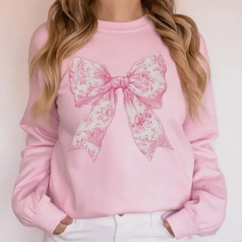 Coquette Bow Sweatshirt Love Toile de Jouy Pink Bow Fancy Chinoiserie Print Trendy Sweatshirt Coquette Aesthetic Bow Cute...