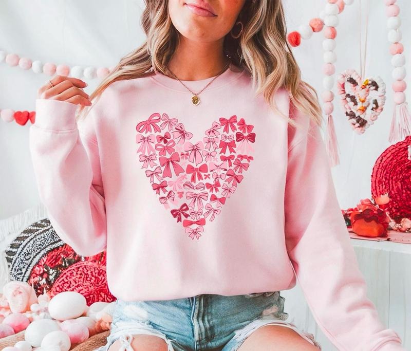 Coquette Bow Valentine's Day Shirt, Pink Bow Heart Valentine Sweatshirt, Pink Bow Valentines Day Shirt, Coquette Heart...