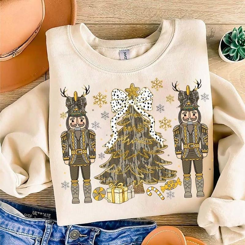 Coquette Camo Nutcracker Christmas Tree Sweater, Dalmatian Dots Brushstroke, Old Camo Nutcrackers Hunting Deer Shirt christmas sweatshirt