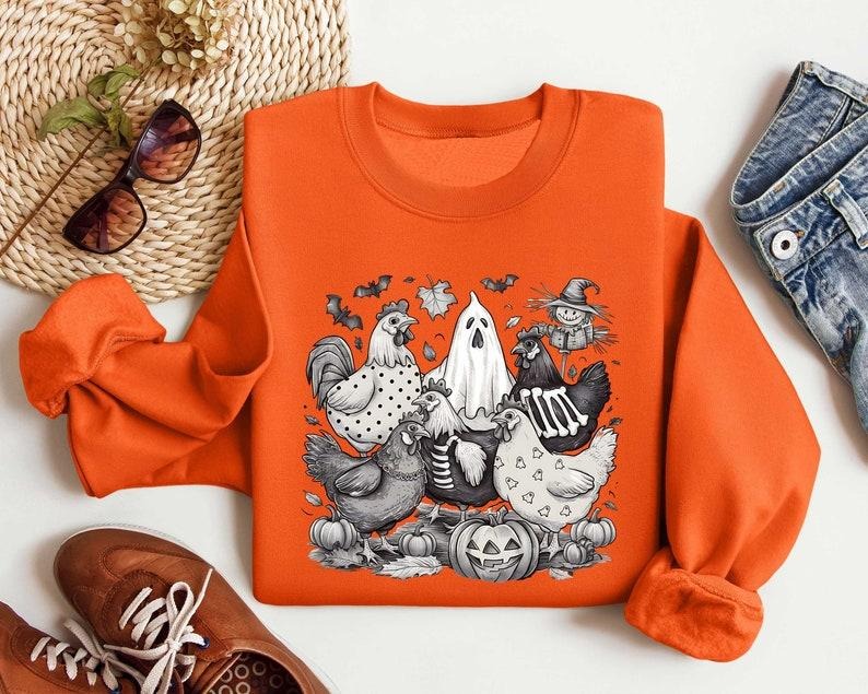 Coquette Chicken Halloween Pumpkin Bow Sweatshirt, Fall Shirt for Women, Trendy Halloween Bow Shirt, Pumpkin Floral Shirt