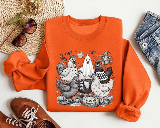 Coquette Chicken Halloween Pumpkin Bow Sweatshirt, Fall Shirt for Women, Trendy Halloween Bow Shirt, Pumpkin Floral Shirt