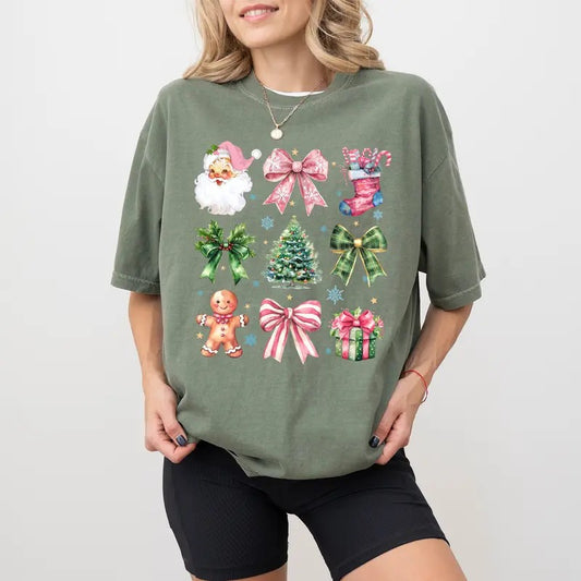 Coquette Christmas Shirt Comfort Colors, Pink Bow Christmas Graphic Tee, Retro Holiday Vibes Crewneck, Trendy Santa T-shirt, Coquette Pink Christmas Long Sleeve Pullover, Christmas Apparel, Women's Top, Cotton Fabric Relaxed Fit Chic Style