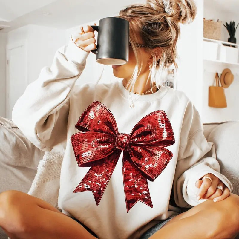 Coquette Christmas Shirt with Glitter Bow and Sequins Holiday - Unisex Size