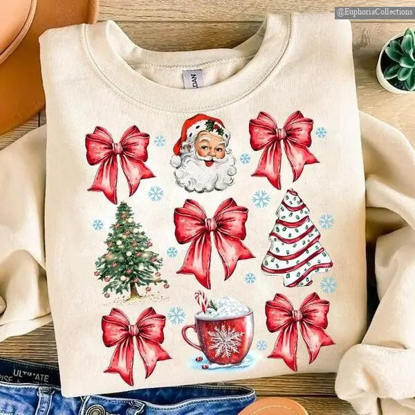 Coquette Christmas T-Shirt, Bow Christmas Tree Sweatshirt, Retro Santa Hot Cocoa Candy Cane Holiday Clothing, Girly Xmas...