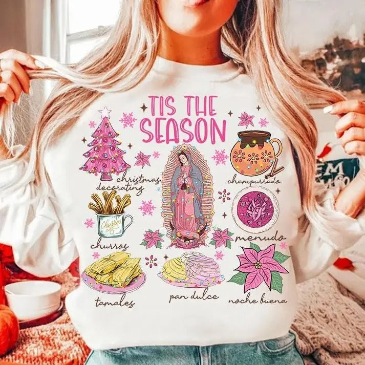 Coquette Christmas Tis The Season Tshirt Sweatshirt, Calories No Cuentan, Pink Spanish Christmas, Chocolate Abuelita, Unisex Sweater Pullover Tee