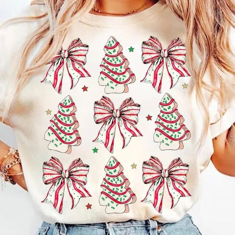 Coquette Christmas Tree Cake T-shirt, Christmas Bow T-shirt, Christmas Tree T-shirt, Retro Holiday T-shirt, Merry...