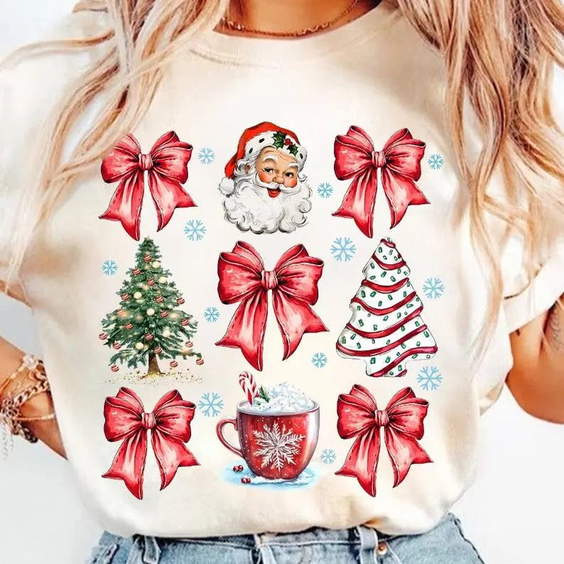 Coquette Christmas, Coquette Bow, Christmas Tree sublimation, Retro Holidays, Santa Hot Cocoa Candy Cane Xmas Tree Cake,...