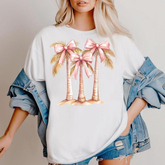 Coquette Coconut Palm Trees Shirt, Bow Beach Summer Tee, Coastal Girly Ocean Top, Summer Girly Coquette Bow Gift for Her