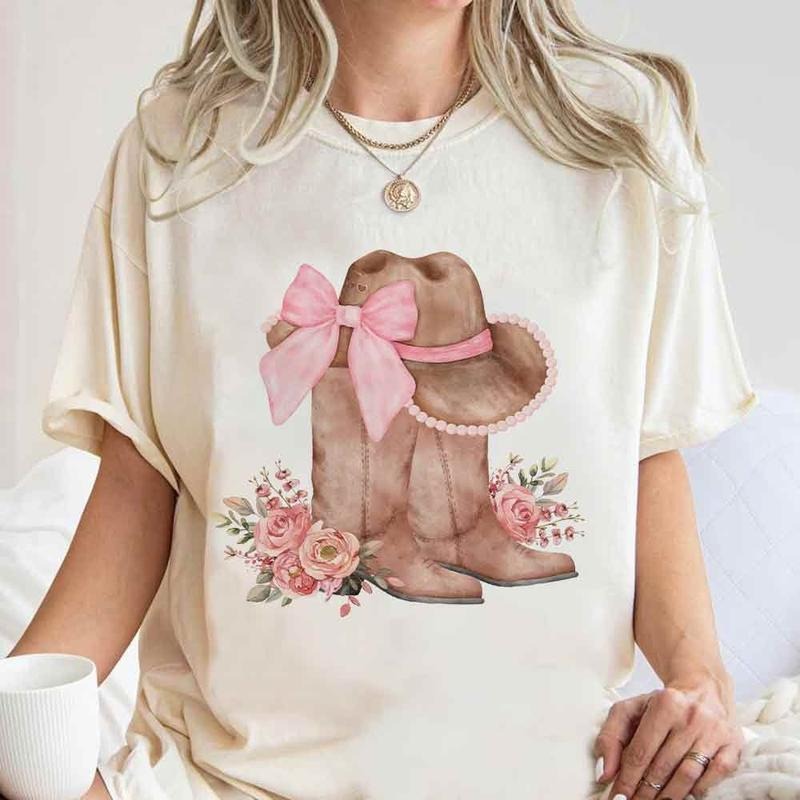Coquette Cowgirl Shirt, Cowgirl Hat Shirt Gift, Cherry Bow Tee, Western Shirt, Pink Bow, Social Club, Coquette Cowgirl...