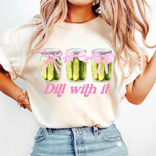 Coquette Dill With Mouthless cat Pickle Shirt, Cute Pickle Lovers Tee, Coquette Pickle Jars Cute Women Gift Hoodie,...