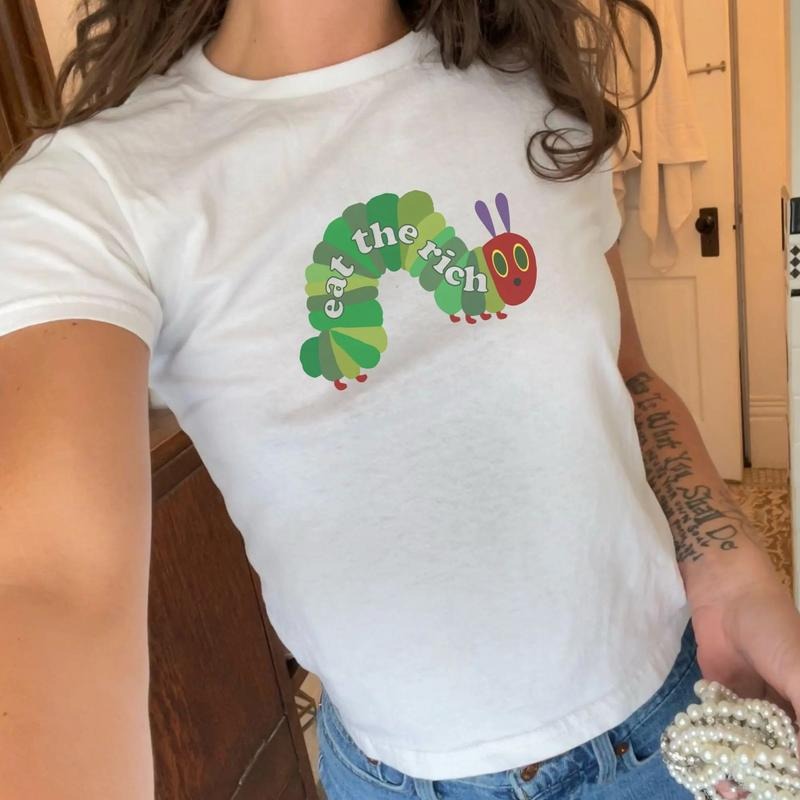 Coquette Eat The Rich Baby Tee, 2000s Crop T Shirt Y2K, 90s Coquette Very Hungry Caterpillar Shirt