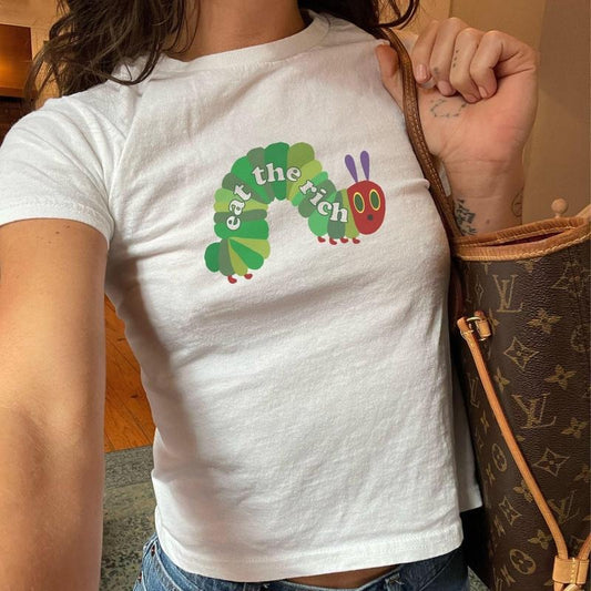 Coquette Eat The Rich Baby Tee,2000s Crop TShirt Y2K,90s Coquette Very Hungry Caterpillar Shirt,Leftist Feminist T-Shirt Cropped,Cool Girl Shirt