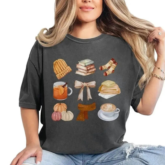 Coquette Fall Tshirt, Cozy Season Tee, Women's Autumn Graphic Tee,Spooky Season, Pumpkin Spice, Sweater Weather, Scarf Season, Books and Bows, Socks, Chai Latte Tee, Fit Check