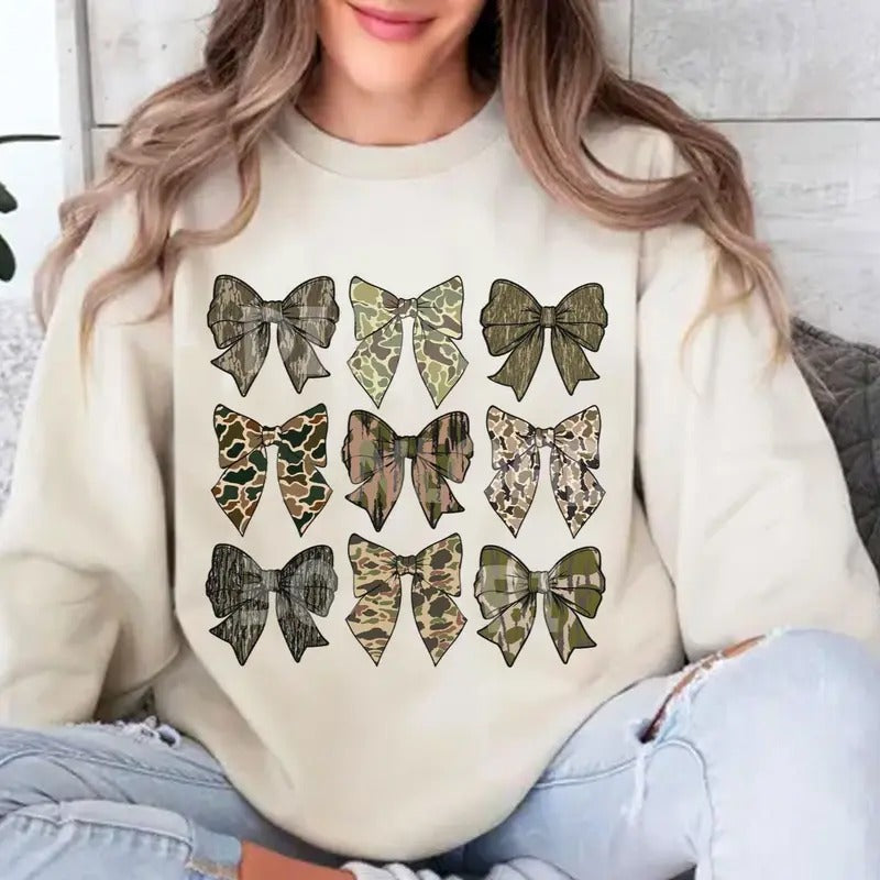 Coquette Girly Preppy Hunting Camo Coquette Bows Sweatshirt, Bottomland Camo Ribbons, Trendy Camo Bow Shirt Hoodie